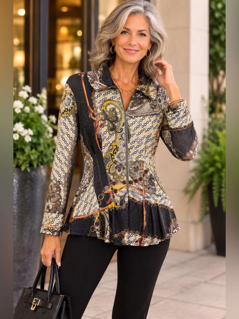 IQ Paris Boutique Paisley Zip Front Top Large Sparkle Peplum Flare Hem